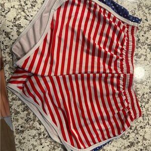 Red and White Striped Shorts-Alpha omicron Pi sorority Emblem